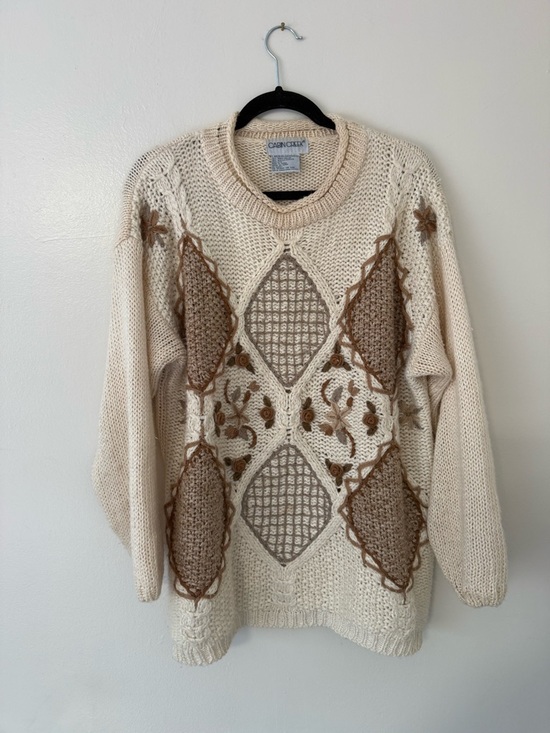 Vintage 90s Sz Lg Cottagecore Grandma Knit Chunky Neutral Sweater Patchwork Tan - Picture 13 of 16